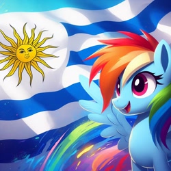 Size: 1024x1024 | Tagged: safe, imported from derpibooru, rainbow dash, pegasus, ai content, ai generated, country, flag, g4, generator:bing image creator, simple background, smiling, solo, uruguay