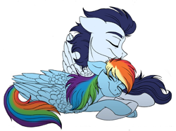 Size: 800x597 | Tagged: safe, artist:celestial-rainstorm, imported from derpibooru, rainbow dash, soarin', pegasus, pony, female, male, mare, ship:soarindash, shipping, sleeping, stallion, straight