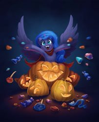 Size: 3062x3778 | Tagged: safe, artist:amishy, imported from derpibooru, princess luna, alicorn, pony, candy, clothes, costume, female, food, gradient background, halloween, halloween costume, holiday, jack-o-lantern, mare, open mouth, open smile, print, pumpkin, smiling, solo, spread hooves, spread wings, vampire costume, wings