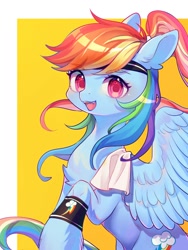 Size: 1500x2000 | Tagged: safe, artist:leafywind, imported from derpibooru, rainbow dash, pegasus, pony, alternate hairstyle, backwards cutie mark, chest fluff, cute, dashabetes, fangs, female, g4, headband, looking at you, mare, open mouth, open smile, ponytail, smiling, smiling at you, solo, sweatband, towel, wings