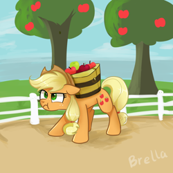 Size: 3000x3000 | Tagged: safe, artist:brella, imported from derpibooru, applejack, earth pony, pony, :t, angry, apple, apple basket, apple tree, applejack is not amused, applejack's hat, basket, cowboy hat, cute, female, fence, food, freckles, g4, hat, high res, jackabetes, madorable, mare, outdoors, signature, solo, tree, unamused