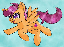 Size: 2266x1688 | Tagged: safe, artist:nyx-nintendencies, artist:rainbowtashie, imported from derpibooru, scootaloo, pegasus, pony, atg 2019, cutie mark, eyebrows, female, filly, flying, foal, g4, happy, newbie artist training grounds, open mouth, open smile, scootaloo can fly, smiling, solo, spread wings, the cmc's cutie marks, wings