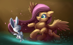 Size: 4407x2700 | Tagged: safe, alternate version, artist:auroriia, imported from derpibooru, angel bunny, fluttershy, pegasus, pony, rabbit, animal, cute, dancing, duo, duo male and female, eyebrows, eyes closed, female, flying, g4, happy, high res, looking at someone, male, mare, open mouth, open smile, shyabetes, smiling, splashing, spread wings, water, wings