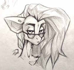 Size: 3921x3678 | Tagged: safe, artist:tlen borowski, imported from derpibooru, oc, oc:star dust, pegasus, black and white, bust, chest fluff, commission, ear piercing, eyebrows, femboy, glasses, grayscale, grin, long mane, looking at something, loose hair, male, monochrome, piercing, portrait, sketch, smiling, solo, traditional art