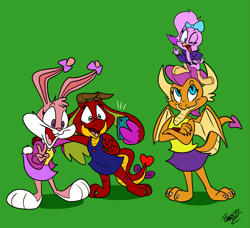 Size: 1757x1600 | Tagged: safe, artist:lilifox, imported from derpibooru, smolder, oc, oc:cinder, anthro, bird, dragon, plantigrade anthro, rabbit, animal, babs bunny, beak, big ears, bow, cellphone, clothes, crossed arms, crossover, dragon horns, dragon wings, dragoness, dress, ears, ears up, eyelashes, female, hair bow, horns, jacket, one eye closed, one eye open, open mouth, peace sign, phone, selfie, shirt, skirt, smartphone, spread wings, standing on head, style emulation, sweetie bird, tanktop, tiny toons looniversity, wings, wink