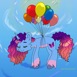 Size: 3407x3403 | Tagged: safe, artist:cattstaycool, imported from derpibooru, pinkie pie, pony, unicorn, balloon, floating, g5, misty brightdawn, sky, solo, then watch her balloons lift her up to the sky