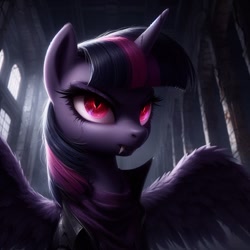 Size: 1024x1024 | Tagged: safe, imported from derpibooru, twilight sparkle, alicorn, pony, undead, unicorn, vampire, vampony, ai content, ai generated, day, eyes open, fangs, female, light, serious, serious face, solo, solo female, spread wings, twilight sparkle (alicorn), wings