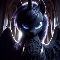 Size: 1024x1024 | Tagged: safe, imported from derpibooru, princess luna, alicorn, ai content, ai generated, beautiful, blue eyes, blue mane, close-up, closed mouth, day, ears up, eyes open, female, fur, light, looking at you, realistic, solo, solo female, spread wings, wings