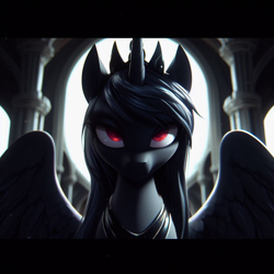 Size: 1024x1024 | Tagged: safe, imported from derpibooru, princess luna, alicorn, undead, vampire, vampony, ai content, ai generated, big eyes, close-up, closed mouth, day, eyes open, female, focus, focused, light, looking at you, realistic, red eyes, solo, solo female, spread wings, wings