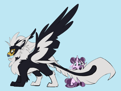 Size: 4000x3000 | Tagged: safe, artist:starcasteclipse, imported from derpibooru, oc, oc only, oc:falcon heights, oc:rosyscribbles, griffon, pony, unicorn, chest fluff, concave belly, duo, fluffy, griffon oc, long tail, pale belly, shipping, tail