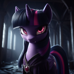 Size: 1024x1024 | Tagged: safe, imported from derpibooru, twilight sparkle, alicorn, undead, vampire, vampony, ai content, ai generated, alone, beautiful, day, fangs, female, focus, focused, light, lonely, looking at you, red eyes, serious, serious face, solo, solo female, twilight sparkle (alicorn), wings