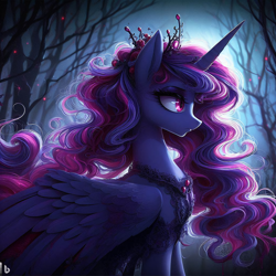 Size: 4096x4096 | Tagged: safe, imported from derpibooru, princess luna, undead, vampire, vampony, 2d, ai content, ai generated, alone, female, forest, lonely, moon, nature, night, sad, sadness, side view, solo, solo female, tree, wings