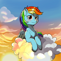 Size: 2048x2048 | Tagged: safe, artist:maonyman, imported from derpibooru, rainbow dash, pegasus, pony, chest fluff, cloud, colored hooves, colored wings, female, looking at you, mare, solo, sunset, two toned wings, wings