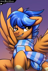 Size: 2000x3000 | Tagged: safe, artist:jedayskayvoker, imported from derpibooru, oc, oc only, oc:lightning rider, pegasus, pony, bust, clothes, cute, gradient background, icon, looking back, male, patreon, patreon reward, pegasus oc, portrait, scarf, smiling, solo, spread wings, stallion, striped scarf, wing fluff, wings