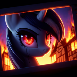 Size: 4096x4096 | Tagged: safe, imported from derpibooru, pony, undead, unicorn, vampire, vampony, ai content, ai generated, alone, burning, dawn, female, fire, light, looking at you, photo, red eyes, smiling, smiling at you, solo, village