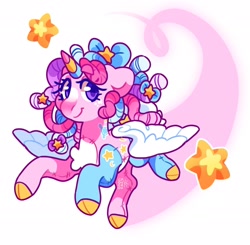 Size: 2048x2011 | Tagged: safe, artist:cocopudu, imported from derpibooru, oc, oc only, oc:wishful dreaming, alicorn, earth pony, original species, plush pony, dreadlocks, female, flying, mare, plushie, simple background, smiling, solo, spread wings, stars, white background, wings