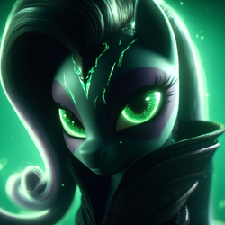 Size: 1024x1024 | Tagged: safe, imported from derpibooru, rarity, pony, unicorn, 3d, ai content, ai generated, close-up, clothes, corrupted, costume, eyes open, green eyes, looking at you, makeup, possessed, smiling, smiling at you