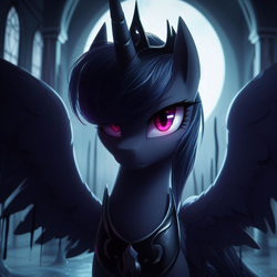 Size: 1024x1024 | Tagged: safe, imported from derpibooru, princess luna, alicorn, undead, vampire, vampony, ai content, ai generated, beautiful, dark magic, ears up, jewelry, light, looking at you, magic, night, regalia, serious, spread wings, wings