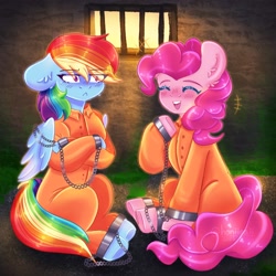 Size: 2048x2048 | Tagged: safe, artist:honiipaii, imported from derpibooru, pinkie pie, rainbow dash, bound wings, clothes, commissioner:rainbowdash69, cuffs, jail, jail cell, never doubt rainbowdash69's involvement, prison, prison cell, prison outfit, prisoner, prisoner pp, prisoner rd, shackles, varying degrees of want, wings