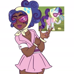 Size: 1877x1877 | Tagged: safe, artist:clarissasbakery, imported from derpibooru, rarity, human, sleepless in ponyville, camping outfit, clothes, dark skin, headscarf, humanized, scarf, screencap reference, simple background, solo, sunglasses, white background