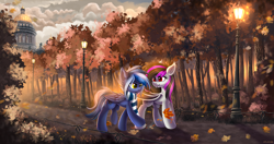 Size: 5000x2631 | Tagged: safe, artist:atlas-66, imported from derpibooru, oc, oc only, bat pony, pegasus, pony, autumn, bat pony oc, bat wings, building, clothes, cloud, dome, duo, leaves, park, path, pegasus oc, scarf, streetlight, striped scarf, tree, walking, wings