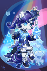 Size: 1200x1800 | Tagged: safe, artist:brella, imported from derpibooru, rarity, pony, unicorn, cake, clothes, cosplay, costume, food, furina (genshin impact), genshin impact, solo