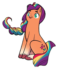 Size: 375x454 | Tagged: safe, artist:jenna ayoub, edit, imported from derpibooru, sunny starscout, earth pony, pony, background removed, coat markings, female, g5, mane stripe sunny, mare, my little pony classics reimagined: the unicorn of odd, sitting, socks (coat markings), the unicorn of odd, unshorn fetlocks