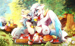 Size: 4848x3007 | Tagged: safe, artist:krissstudios, imported from derpibooru, oc, oc only, earth pony, pegasus, pony, apple, female, flower, flower in hair, food, male, mare, pancakes, picnic blanket, stallion