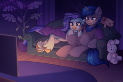 Size: 6500x4327 | Tagged: safe, artist:madelinne, imported from derpibooru, oc, oc only, oc:nightfall, blanket, carpet, couch, duo, night, plant, plushie, watching tv, window, wooden floor