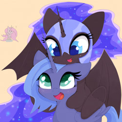 Size: 2048x2048 | Tagged: safe, artist:zokkili, imported from derpibooru, nightmare moon, princess celestia, princess luna, alicorn, pony, :3, bat wings, colored pupils, cream background, cute, duality, duo, female, filly, folded wings, g4, high res, horn, light side, looking at each other, looking at someone, looking down, looking up, lunabetes, moonabetes, nicemare moon, nightmare woon, open mouth, open smile, pink-mane celestia, ponies riding ponies, riding, self paradox, self ponidox, simple background, smiling, smiling at each other, spread wings, wings, woona, younger