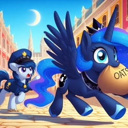 Size: 1024x1024 | Tagged: safe, imported from derpibooru, princess luna, oc, alicorn, earth pony, pony, ai content, ai generated, bag, chase, cobblestone street, cute, duo, food, g4, generator:dall-e 3, hoof pointing, luna eats oats, lunabetes, mouth hold, nom, oats, open mouth, police officer, prompter:k.r.e.d.k.e, running, spread wings, stealing, wings