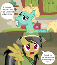 Size: 1920x2160 | Tagged: safe, edit, edited screencap, imported from derpibooru, screencap, daring do, zephyr breeze, pony, daring doubt, flutter brutter, crack shipping, female, grin, hair bun, hat, pith helmet, shipping, smiling, speech bubble, zephyrdo