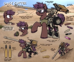 Size: 3616x3064 | Tagged: safe, artist:selenophile, imported from derpibooru, oc, oc only, oc:daisy cutter, earth pony, pony, artillery, earth pony oc, explicit source, glasses, goggles, prosthetics, reference sheet, safety goggles, tail, tail wrap