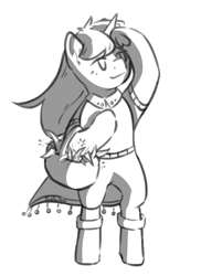 Size: 754x1033 | Tagged: safe, artist:ju4111a, imported from derpibooru, oc, oc only, unicorn, basket, black and white, boots, clothes, female, grass, grayscale, herbs, looking at something, mare, monochrome, pants, plants, raincoat, raised hoof, shirt, shoes, simple background, sketch, smiley face, smiling, solo, white background