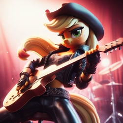 Size: 1024x1024 | Tagged: prompter needed, safe, imported from derpibooru, applejack, anthro, ai content, ai generated, applejack's hat, belt, clothes, concert, cowboy hat, female, fingerless gloves, g4, generator:bing image creator, generator:dall-e 3, gloves, guitar, hat, jacket, leather, leather jacket, leather pants, musical instrument, pants, playing guitar, solo, stage, stetson