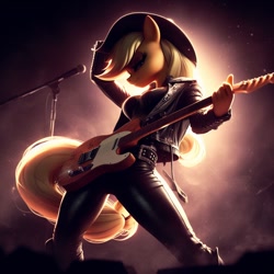 Size: 1024x1024 | Tagged: prompter needed, safe, imported from derpibooru, applejack, anthro, ai content, ai generated, applejack's hat, clothes, concert, cowboy hat, electric guitar, female, fender telecaster, g4, generator:bing image creator, generator:dall-e 3, guitar, hat, jacket, leather, leather jacket, leather pants, microphone, microphone stand, musical instrument, pants, playing guitar, solo, stage, stetson