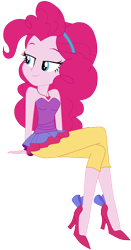 Size: 5017x9581 | Tagged: safe, artist:lobo299, imported from derpibooru, pinkie pie, human, equestria girls, bare shoulders, clothes, female, high heels, shoes, simple background, sitting, smiling, solo, transparent background