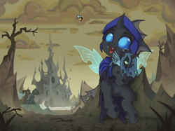 Size: 3856x2891 | Tagged: safe, artist:dorkmark, imported from derpibooru, queen chrysalis, oc, oc:captain black lotus, oc:dima, oc:helmie, bee, changedling, changeling, insect, pony, armor, changeling oc, chrysalis plushie, cloud, desert, happy, hive, plushie, tree, wings