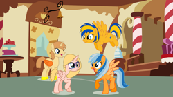 Size: 2245x1264 | Tagged: safe, artist:ncolque, imported from derpibooru, oc, oc only, oc:allie, oc:fidget, oc:flare spark, oc:sunlight, alicorn, pegasus, pony, unicorn, female, male, sugarcube corner, sugarcube corner (interior)