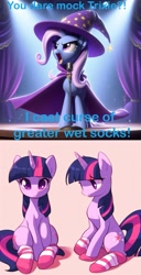 Size: 1015x1988 | Tagged: safe, imported from derpibooru, trixie, twilight sparkle, ai content, ai generated, ai wizard meme, cape, clothes, generator:bing image creator, hat, meme, prompter:lostbrony, socks, text, trixie's cape, trixie's hat