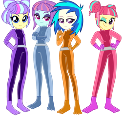 Size: 2089x2007 | Tagged: safe, artist:yaya54320bases, imported from derpibooru, dj pon-3, sour sweet, sunny flare, supernova zap, vinyl scratch, human, equestria girls, base used, catsuit, crossed arms, hand on hip, latex, latex suit, looking at you, quad, simple background, totally spies, white background