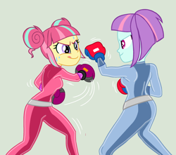 Size: 2178x1925 | Tagged: safe, artist:yaya54320bases, imported from derpibooru, sour sweet, sunny flare, human, equestria girls, base used, boxing gloves, latex, latex suit, simple background, totally spies