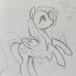 Size: 1542x1542 | Tagged: safe, artist:clowncarpal, imported from derpibooru, fluttershy, butterfly, pegasus, pony, black and white, female, grayscale, mare, monochrome, sketch, solo, traditional art