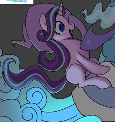 Size: 706x747 | Tagged: safe, artist:clowncarpal, imported from derpibooru, starlight glimmer, trixie, pony, unicorn, cape, clothes, duo, female, guardians of harmony, hat, mare, riding, rocket, toy, toy interpretation, trixie's cape, trixie's rocket, wip, witch hat