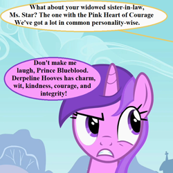 Size: 720x720 | Tagged: safe, edit, edited screencap, editor:korora, imported from derpibooru, screencap, amethyst star, sparkler, the mysterious mare do well, amethyst star is not amused, cropped, dialogue, implied derpy, implied prince blueblood, offscreen character, punctuation error, speech bubble, unamused