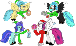 Size: 3153x1944 | Tagged: safe, artist:supahdonarudo, imported from derpibooru, princess skystar, queen novo, oc, oc:icebeak, oc:sea lilly, classical hippogriff, hippogriff, my little pony: the movie, bag, belt, boots, christmas, clothes, coffee mug, cookie, costume, flying, food, freckles, hat, holding, holiday, mistletoe, mug, present, santa costume, santa hat, shoes, simple background, transparent background, tray