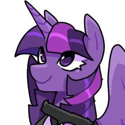 Size: 400x400 | Tagged: safe, artist:clowncarpal, imported from derpibooru, twilight sparkle, alicorn, pony, bust, female, gun, handgun, mare, pistol, simple background, solo, twilight sparkle (alicorn), weapon, white background