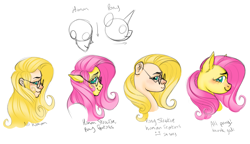 Size: 2875x1651 | Tagged: safe, artist:wtfponytime, imported from derpibooru, fluttershy, anthro, human, hybrid, pony, cursed image, glasses, human to pony, humanized, side eye, side view, simple background, sketch, white background