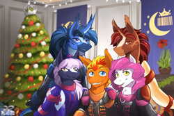Size: 3600x2400 | Tagged: safe, artist:miramore, imported from derpibooru, oc, oc only, oc:fireheart(fire), oc:nurse lavender blossom, oc:queen lunaris, oc:queen tiara, oc:storm cloud, alicorn, bat pony, bat pony alicorn, pegasus, bat wings, card, cute, family, family photo, fireheart76's latex suit design, hearth's warming eve, holiday, holiday card, horn, latex, latex suit, prisoners of the moon, rubber, rubber suit, wings