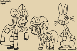 Size: 1500x1000 | Tagged: safe, artist:melisareb, imported from derpibooru, earth pony, hagwarders, original species, pony, rabbit, animal, bow, brown background, clothes, crossover, doll, dress, female, hat, jax, jester, jester hat, jester outfit, lineart, male, mare, pomni, ponified, ragatha, ragdoll, raised hoof, simple background, smiling, the amazing digital circus, toy, trio